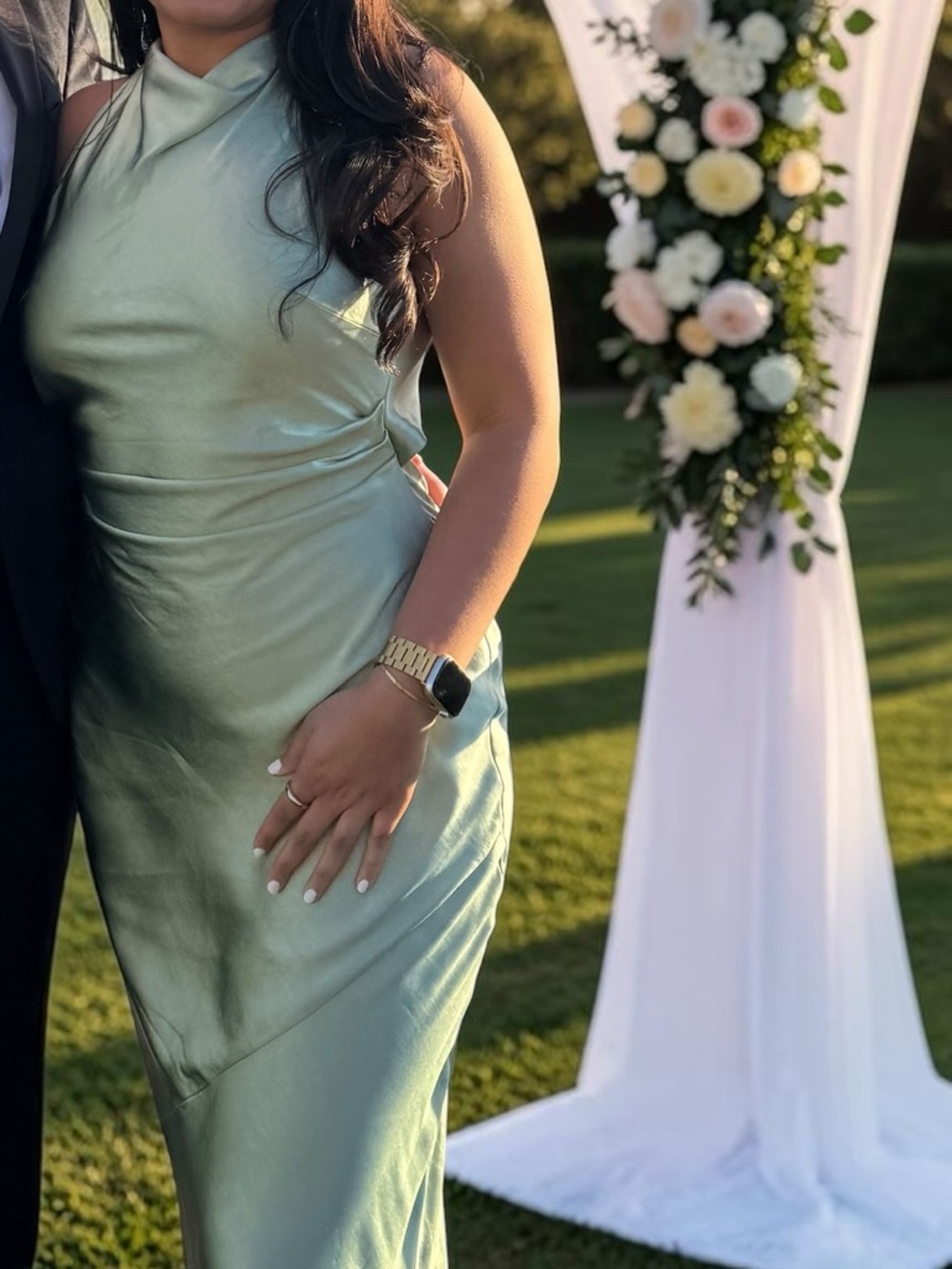 Satin Halter Neck Evening Dress in Sage Green Size M